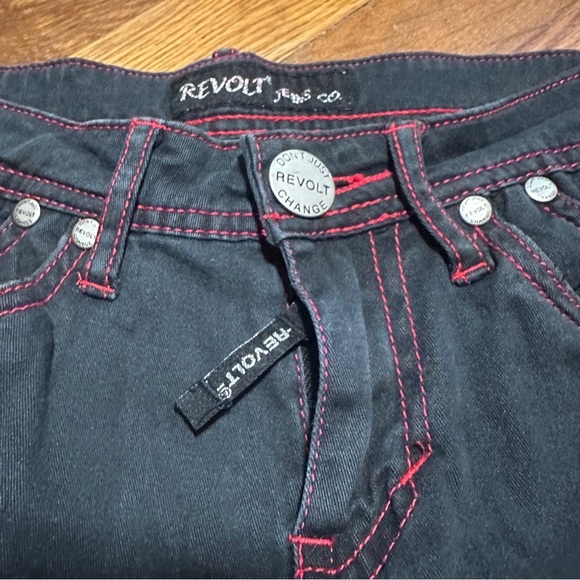 Y2K Revolt Low Rise Black Cropped Moto Jeans Red Stitching Juniors Size 3 Punk - Picture 6 of 16